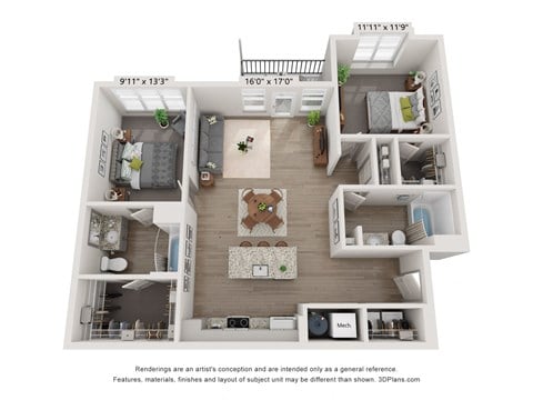 Floor plan for 2 beds, 2 baths, 1142 sqft